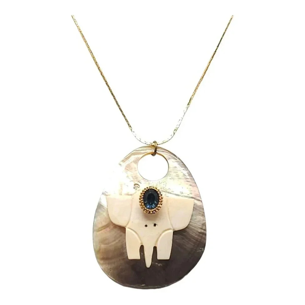 Abalone Shell Blue Rhinestone Elephant Pendant Chain Necklace Gold Tone Vintage